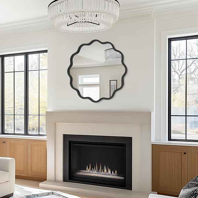 PROHOMEWARE Black Round Mirror 24 Inch Wavy Bathroom Vanity Mirror Black Frame Modern Wall Mirror Decorative Wall-Mounte Anti-Rust, Tempered Glass