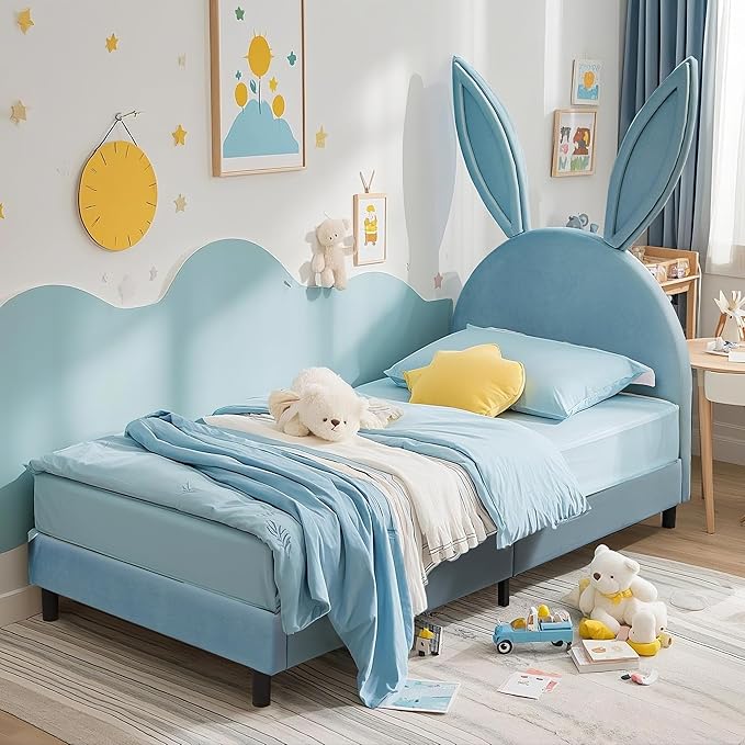VECELO Twin Size Bed Frame with Storage Organizer, Heavy-Duty Platform with Rabbit Shaped Headboard for Girls Kids Room, Easy Assembly, Blue