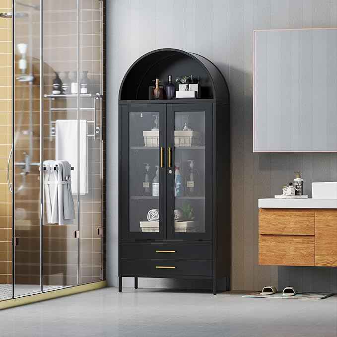 73'' Black Tall Arched Bookcase Cabinet with Glass Doors, Metal Arched Pantry Cabinet with 2 Drawers for Home Kitchen Office,Required Assembly