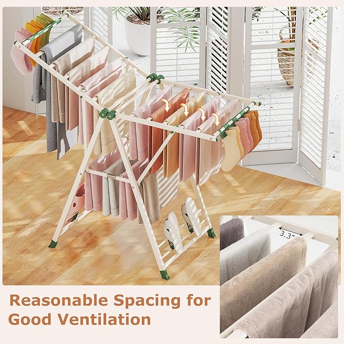 Giantex Clothes Drying Rack, Foldable Metal Laundry Drying Rack with Height Adjustable Wings, 16 Drying Rails, Sock Clips & Shoe Racks, Freestanding Clothing Stand for Indoor & Outdoor, Beige