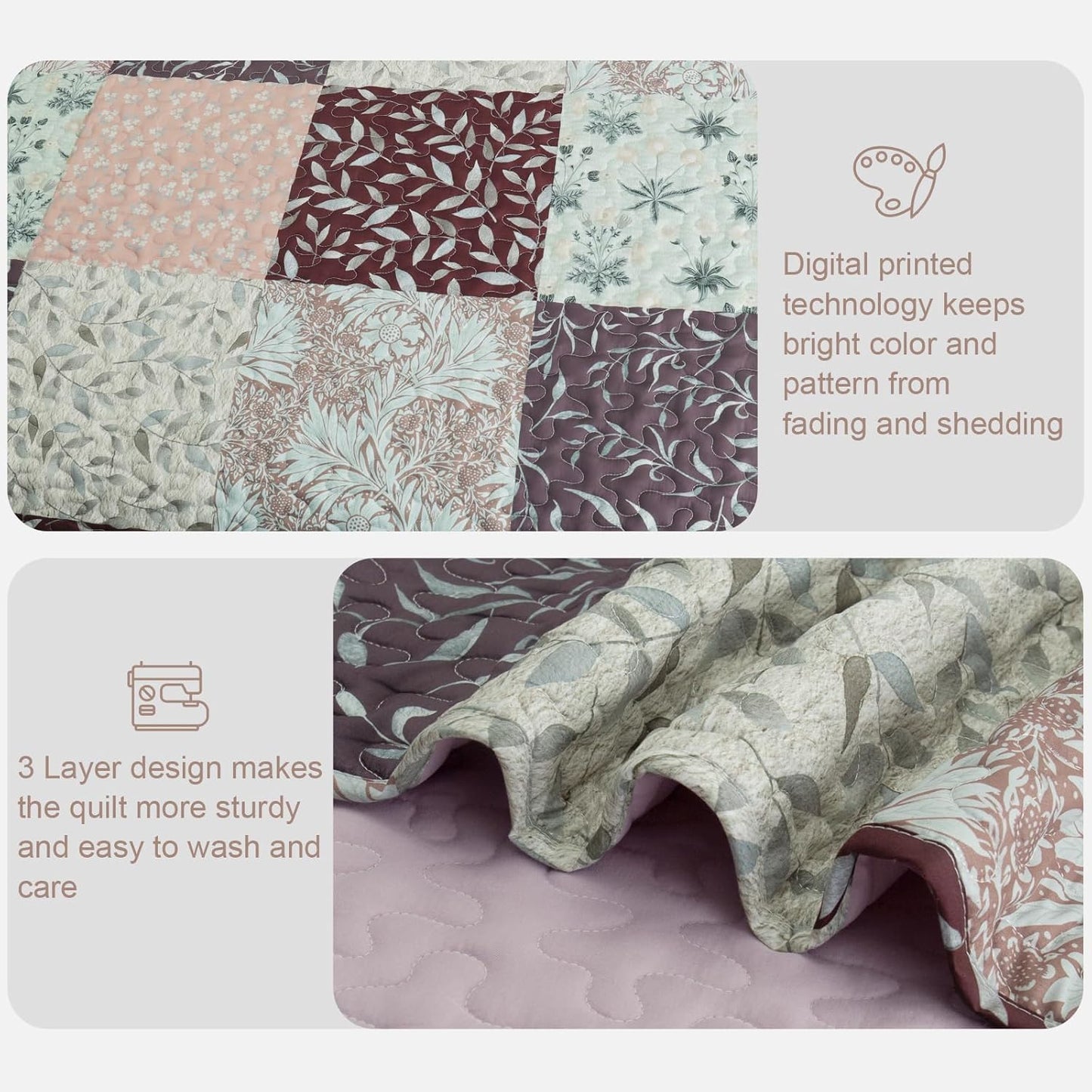 Exclusivo Mezcla Reversible Boho Quilt Set King Size, 3 Pieces Patchwork Brown All Season Bedspreads, Ultra Soft Floral Coverlet Bedding Set with Printed Pattern (1 Quilt, 2 Pillow Shams)