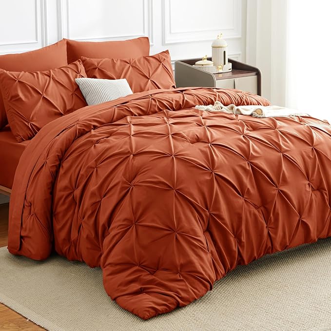 CozyLux Queen Comforter Set Burnt Orange, 7 Pieces Pintuck Bed in A Bag Premium Terracotta Comforter Queen Size, Pinch Pleat Bedding Sets with Comforter, Sheets, Pillowcases & Shams