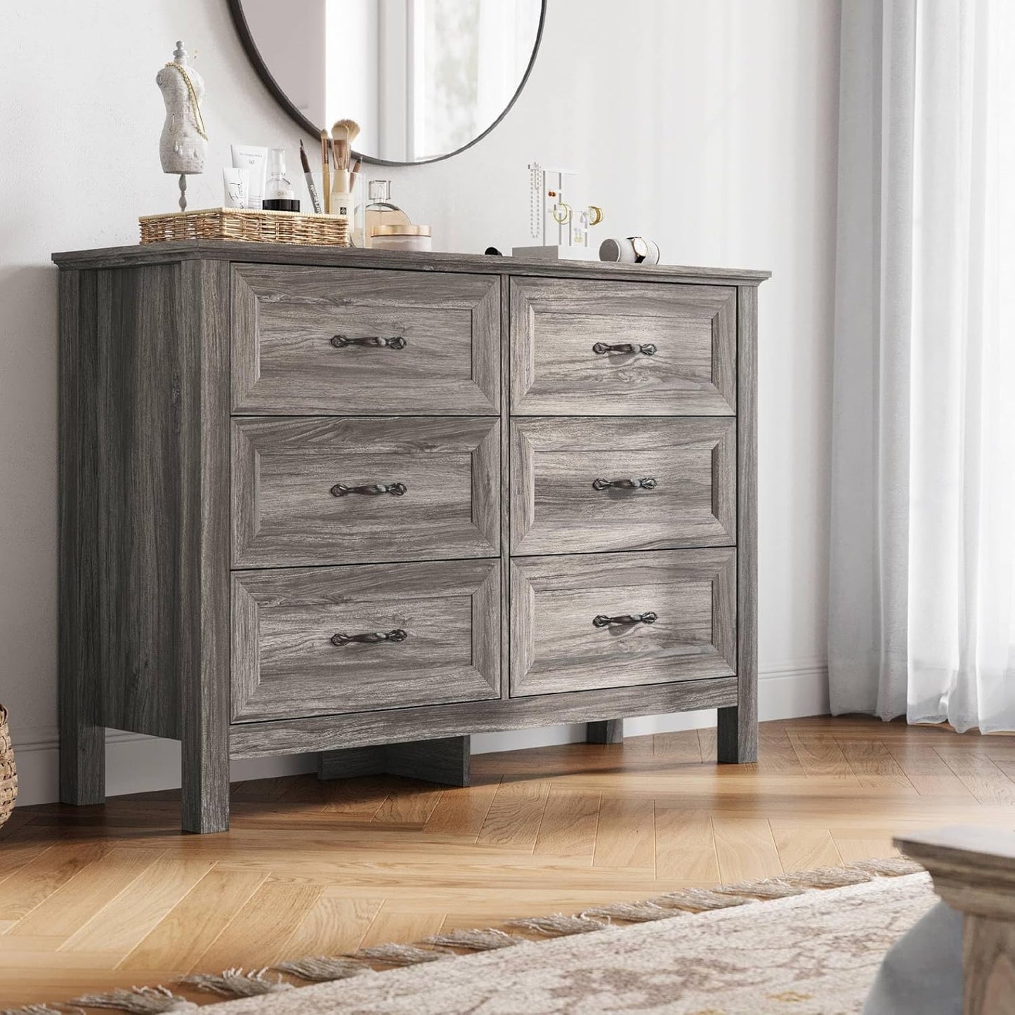LINSY HOME Farmhouse 6-Drawer Dresser - Grey Chest of Drawers for Bedroom and Living Room Organization, Wood Dresser with Ample Storage Space and Rustic Charm