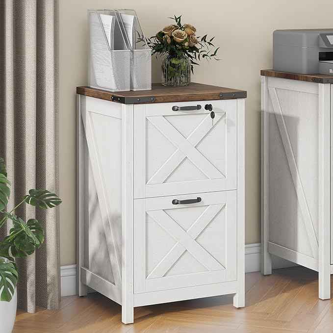 Vabches Vertical File Cabinet with 2 Drawers, Wooden Farmhouse Filing Cabinet for Letter/A4 Size Hanging Files, Under Desk Printer Stand with Storage for Home Office, White and Lock