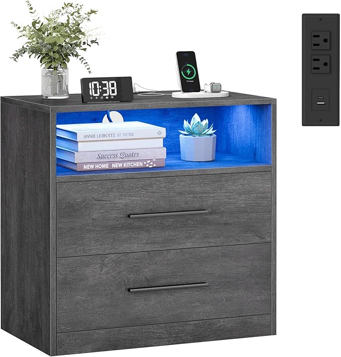 VASAGLE Custos Collection - Nightstand with Charging Station, LED Lights, Modern Night Stand, Side End Table with Drawers, Open Shelf, 2 AC Outlets USB Ports, Misty Gray ULET639GW01S
