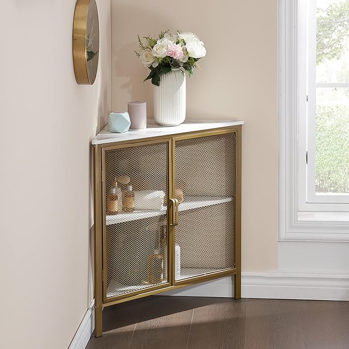 VECELO Corner Cabinet/Table, 3-Tier Display Shelves with Protection Door, Metal Frame Storage Shelf Organizer for Small Space, Living Room, Kitchen, Bathroom