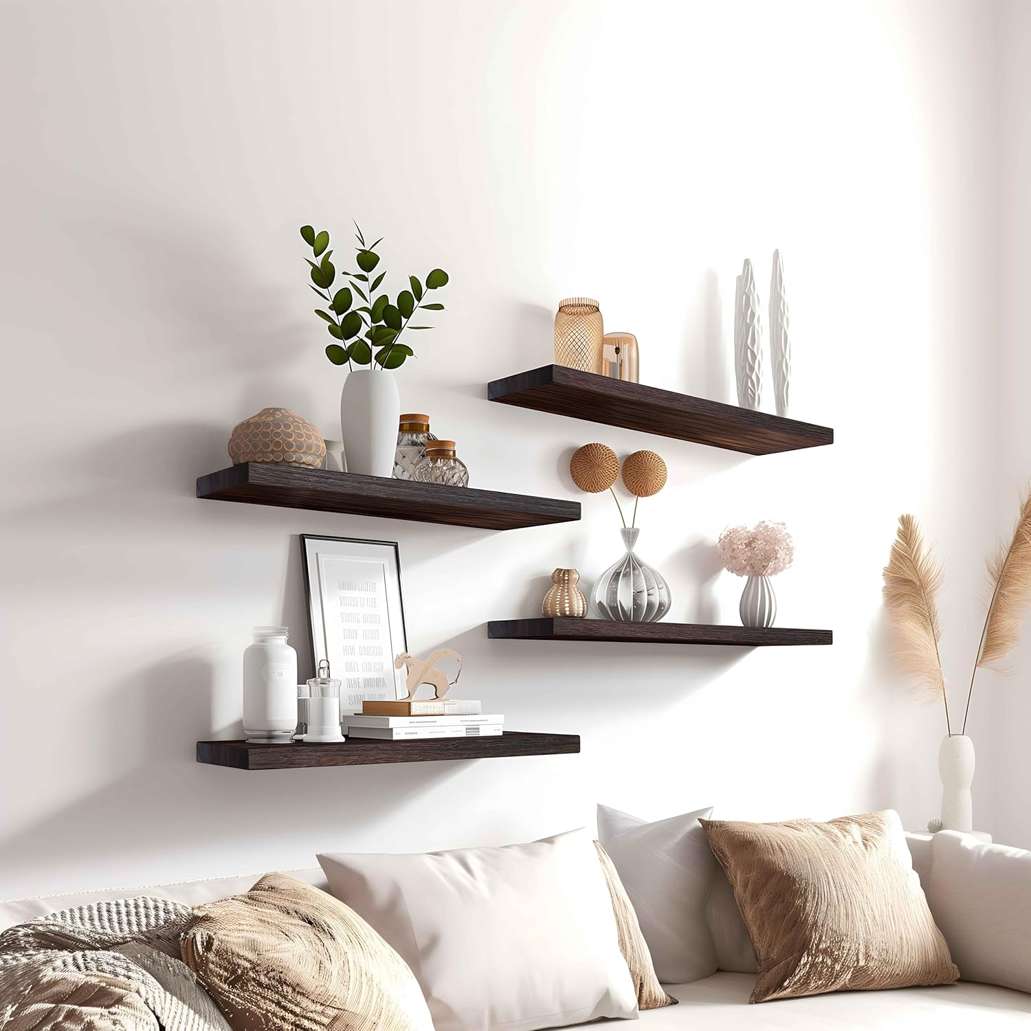 Wood Floating Shelves for Wall Decor, Rustic Wall Shelves for Bedroom Bathroom Kitchen Living Room, Set of 6 Walnut - Décor Diaries