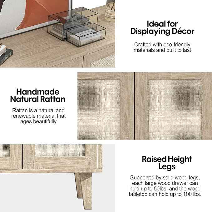 Panana Buffet Storage Cabinet with Rattan Decorating 4 Doors Living Room Kitchen Sideboard 48.43 x 34.65 x 15 inch (Natural Wood)