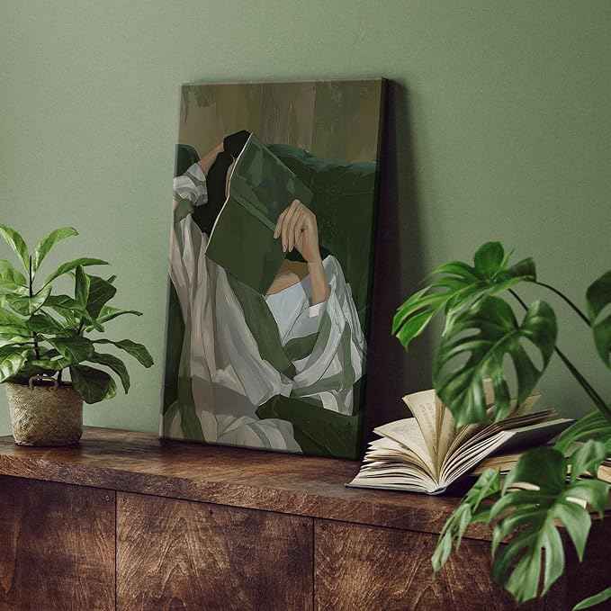 Emerald Green Reading Woman Canvas Wall Art Abstract Cozy People Wall Decor Pictures Minimalist Green Feminine Aesthetic Poster Print for Bedroom Living Room Home Decoration 12x16in