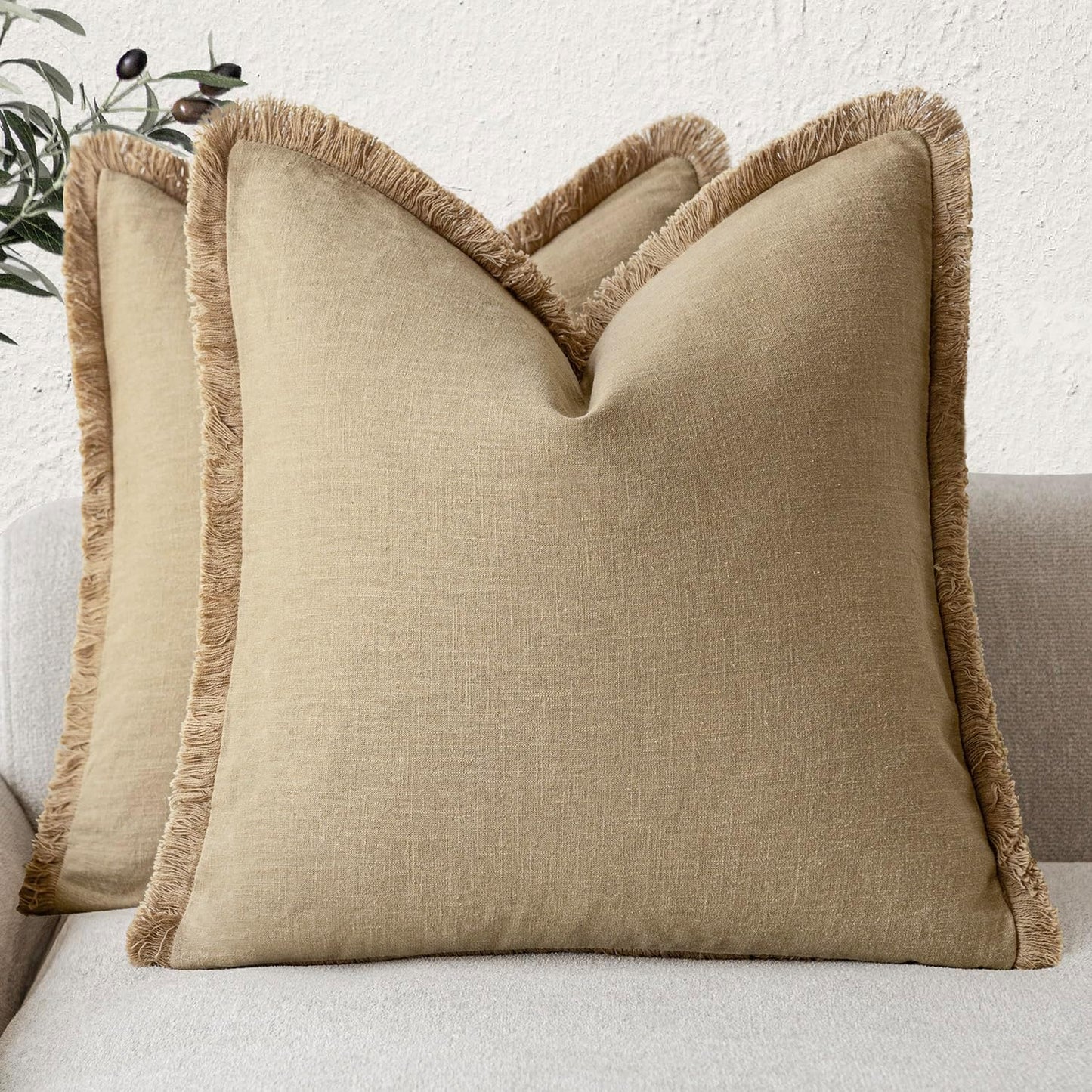 Foindtower Set of 2 Decorative Linen Fringe Throw Pillow Covers Farmhouse Cushion Cover with Tassels Soft Accent Pillowcase for Couch Chair Sofa Bed Living Room Home Decor,22×22 Inch,Light Khaki Taupe