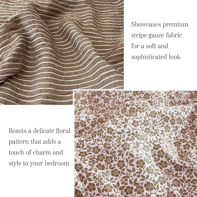 Queen Comforter Set - 7 Pieces Dark Brown Gauze Muslin Bedding Sets for All Seasons, Lightweight Breathable Bed in a Bag Queen with Revesible Farmhouse Comforter, Sheets, Pillowcases & Shams