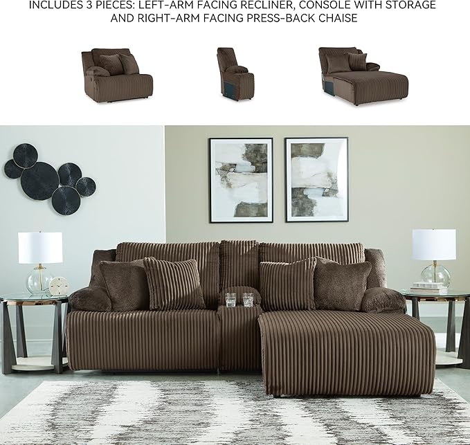 Signature Design by Ashley Top Tier Contemporary L-Shaped 3-Piece Reclining Sectional Sofa with Chaise, Console Storage and 4 Accent Pillows, Dark Brown