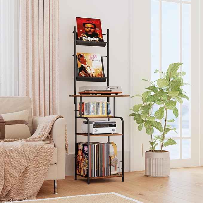 Record Player Stand with Vinyl Storage - 6-Tier Turntable Table with Adjustable Feet, Metal & Wood Cabinet - Console Organizer Display Shelf for Living Room, Apartment