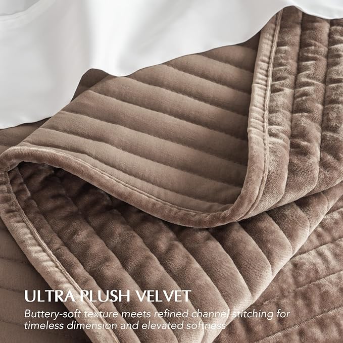 EVERGRACE Velvet Quilt Set Queen Size, Luxurious Soft Striped Channel Bedding Set, Lightweight Velvet Comforter for All Season, Oversized Bedspread Coverlet with 2 Matching Shams, Mocha Brown