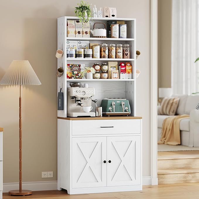 IRONCK Bakers Rack Microwave Stand Storage and Customizable Pegboard, 71" Farmhouse Coffee Bar Cabinet with Drawer, Barn Doors, Adjustable Shelves for Kitchen, Dining Room, White