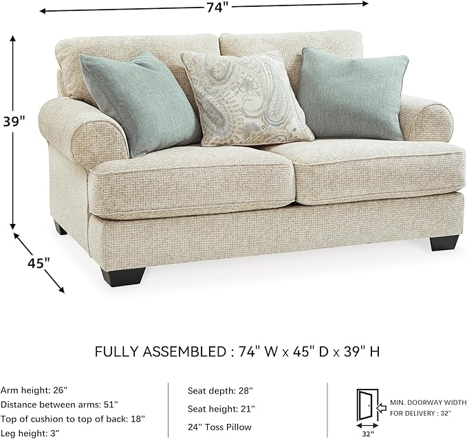Signature Design by Ashley Monaghan Vintage Loveseat with Accent Pillows, Reversible Cushions and Rolled Arms, Beige