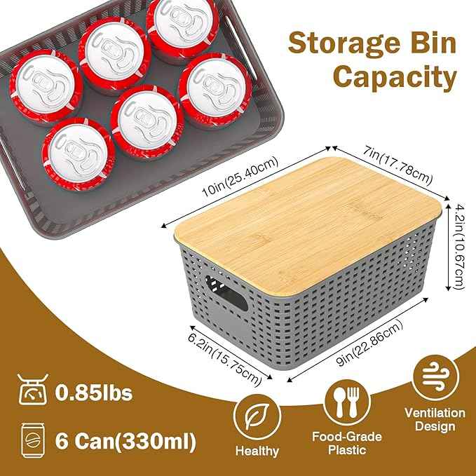 Stackable Storage Basket: Plastic Baskets Bins, Baskets for Organizing, Pantry Decorative Containers for Closets, Cabinets, Shelves(8 Pack, Grey)
