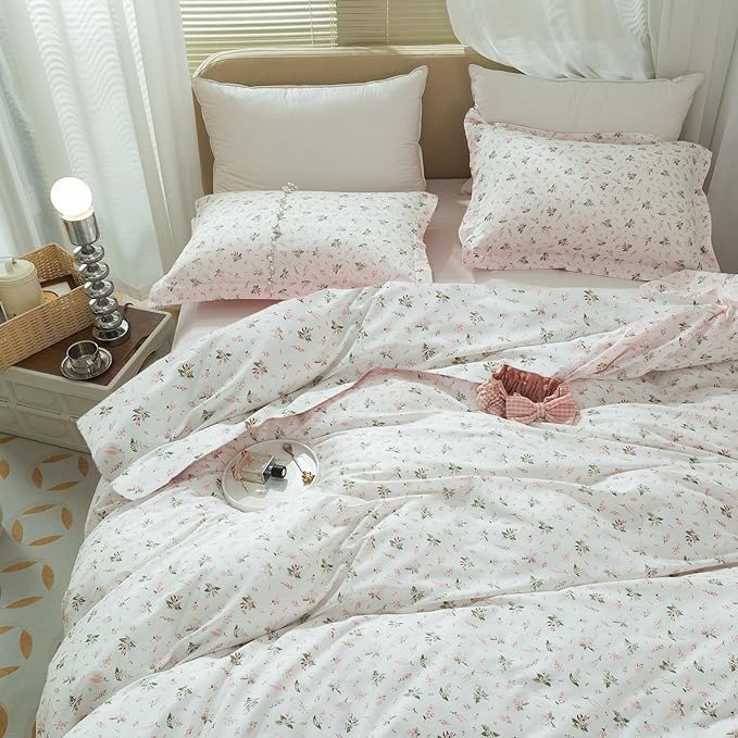 LifeTB Garden Pink Floral Comforter Set Queen Size Vintage Boho Floral Bedding Comforter Queen with 2 Pillowcases Fluffy Soft All Seasons Bedding Set Cottagecore Flowers Botanical Comforter Set