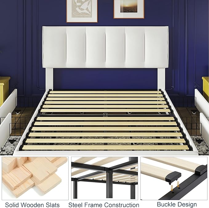 VECELO Full Size Bed Frame with 4 Storage Drawers, Adjustable Height Headboard, Heavy-Duty Platform Bedframe with Strong Wooden Slats, No Box Spring Needed, Pure White