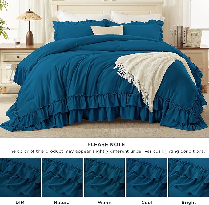 Andency Teal Queen Comforter Set (90x90Inch), 3 Pieces Lightweight Fluffy Ruffle Bedding Sets for Queen Bed, Farmhouse Shabby Chic Soft All Season Bed Set