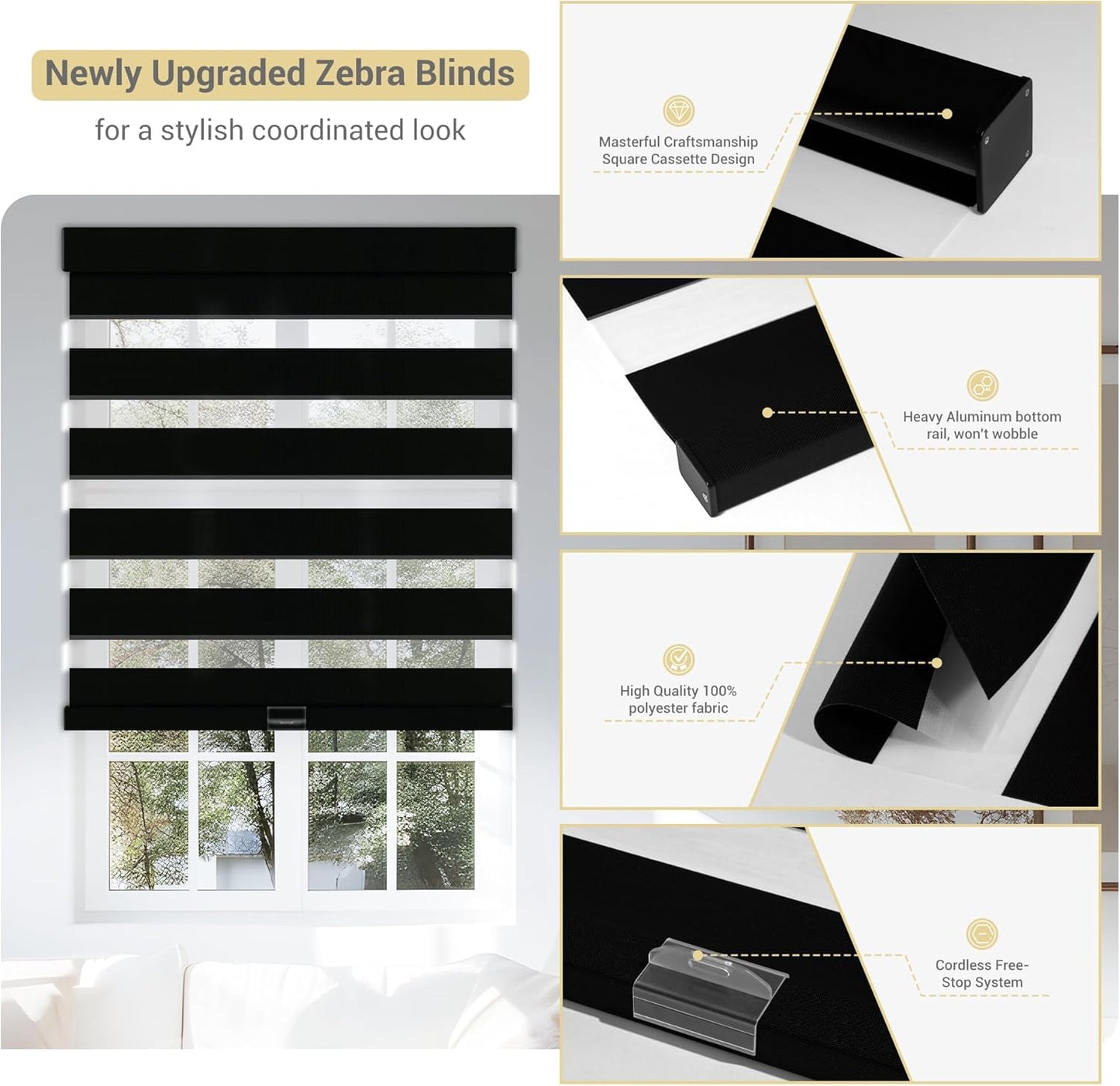 Cordless Zebra Blinds for Windows, Blackout Interior Blinds,Easy to Install,UV Protection,for Offices and Home,Custom Roller Shades, Solid Black, 85" W x 56" H