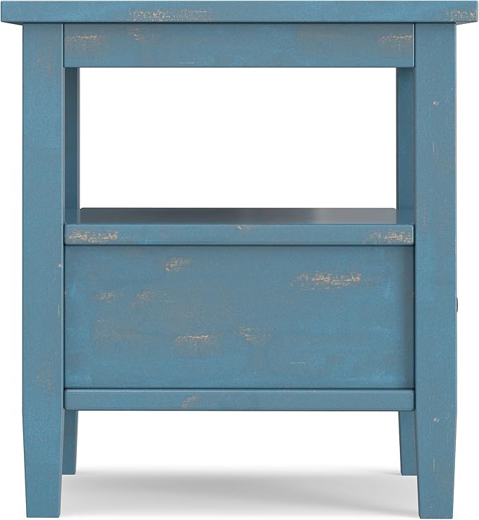 SIMPLIHOME Warm Shaker End Table - 20 inch Wide Solid Wood Square Accent Table in Distressed Coastal Blue, Transitional Side Table for Living Room or Bedroom with Drawer, Open Shelf and Tapered Legs