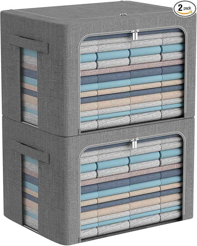 CYhom Clothes Storage Bins Box - Linen Fabric Foldable Stackable Container Organizer Set with Clear Window & Carry Handles & Metal Frame - 2Pack Large Capacity for Bedding, Blankets, Books