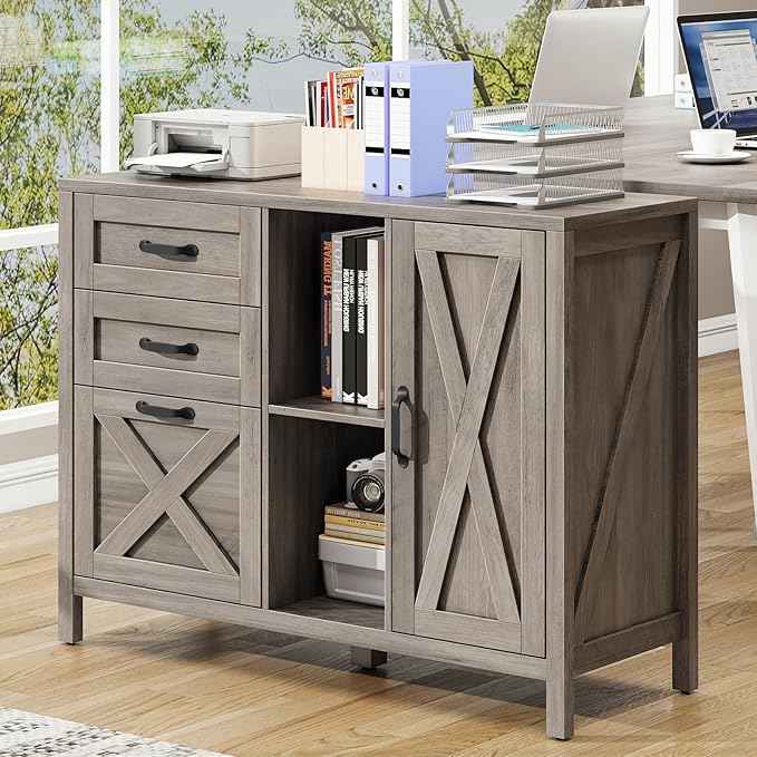 Vabches Lateral File Cabinet, Farmhouse 3 Drawer File Cabinet with Open Storage Shelf for Letter/Legal/A4 Size Hanging Files, Large Wood Storage Cabinets Printer Stand for Home Office, Grey