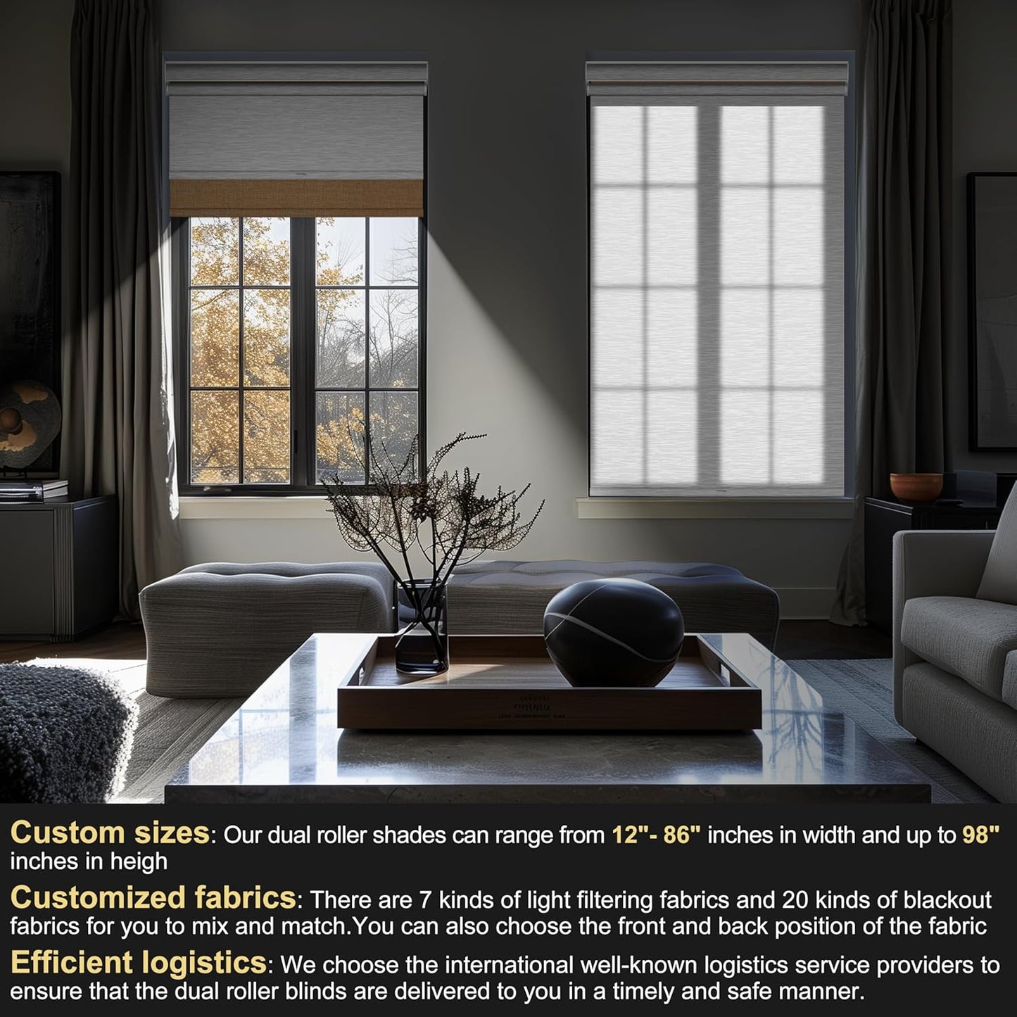 BERISSA Cordless Dual Roller Shades with Cassette Valance, Blackout and Light Filtering, Day and Night for Home Office Door. Linen Beige and White. 59 W x 72" H