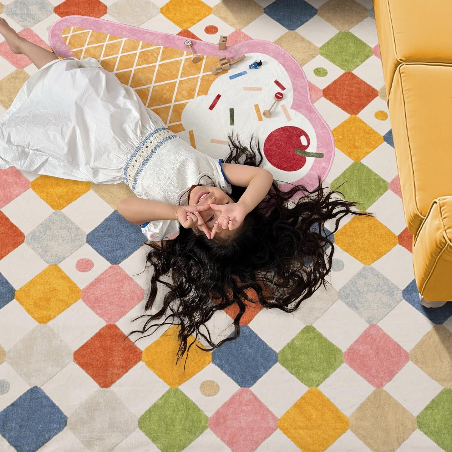 jinchan Round Rug 4ft Kids Washable Rug Indoor Floor Cover Non-Slip Soft Modern Elementary School Classroom Colorful Diamond Carpet for Nursery Daycare Bedroom Playroom Living Room Circus on Cream