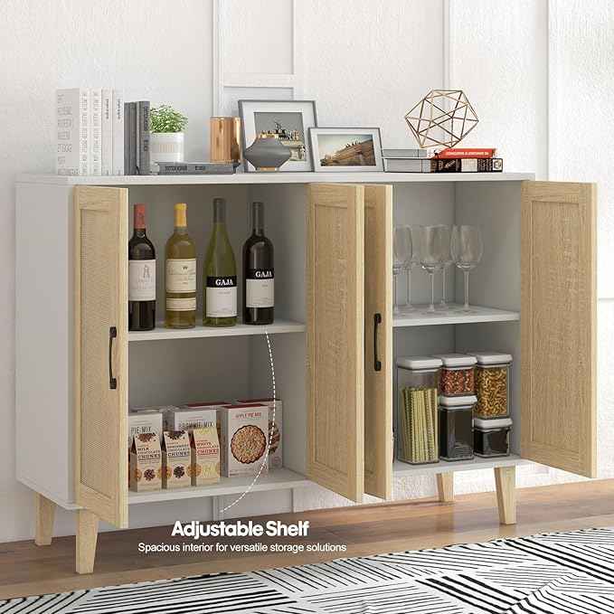 Panana Buffet Storage Cabinet with Rattan Decorating 4 Doors Living Room Kitchen Sideboard 48.43 x 34.65 x 15 inch (White)