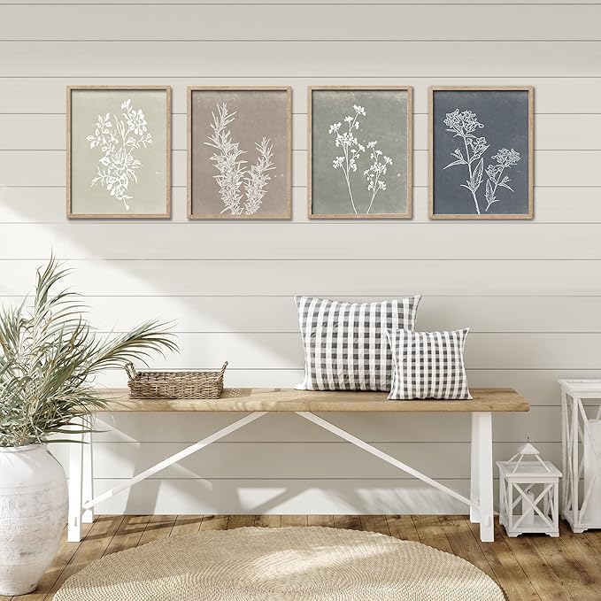 Framed Boho Wall Art Set of 4 for Wooded Minimalist Botanical Print Wall Art for Rustic Vintage Farmhouse Home Kitchen Wall Decor (Brown, 11x14)