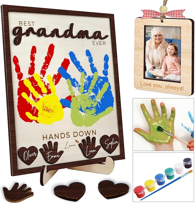 10" Hands Down Best Grandma Ever DIY Handprint Gifts for Grandma with Paints, Craft for Nana from Kids, Family Keepsake Plaque Birthday Gift Mother's Day for Grandmother, Grammy HF620