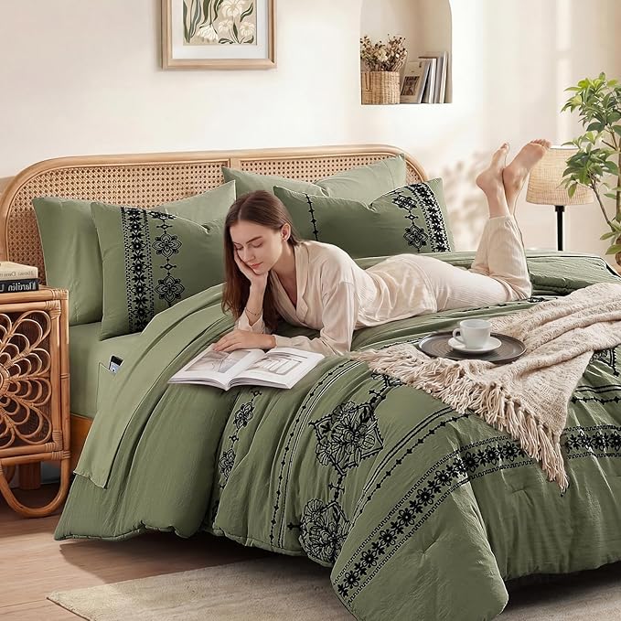 MaiRêve Queen Size Comforter Set Olive Green, Embroidery Floral Western Boho Bedding Set, All Season 7 Pieces Bed in a Bag with Sheets, Pillowcases & Shams
