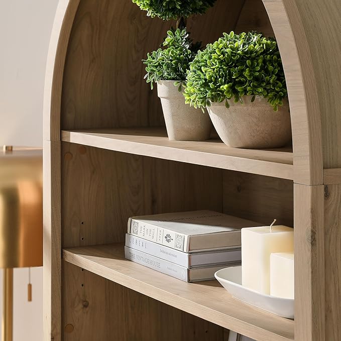 Modway Nolan Tall Arched Storage Display Cabinet in Light Oak - 74 Inch Arch Bookshelf with Open and Closed Shelving - Modern Accent Cabinet for Living Room, Dining Room