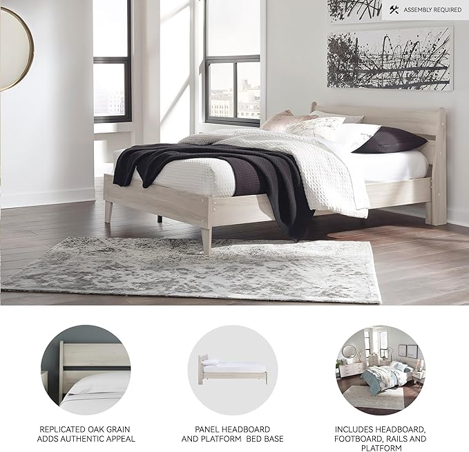 Signature Design by Ashley Socalle Contemporary Panel Platform Bed, Foundation or Box Spring Not Needed, Queen, Beige
