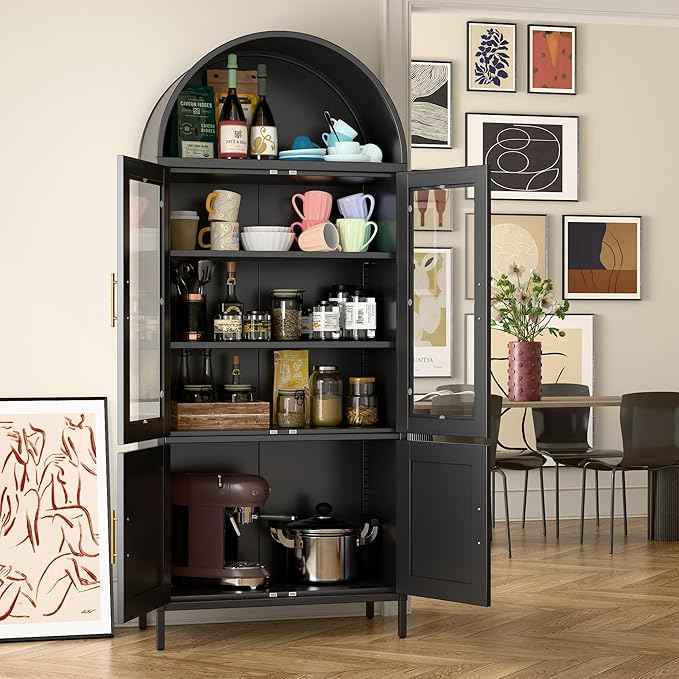 Metal Arched Bookcase Cabinet with 4 Doors,Arched Kitchen Pantry Cabinet for Home Office Living Room,Required Assembly,Black