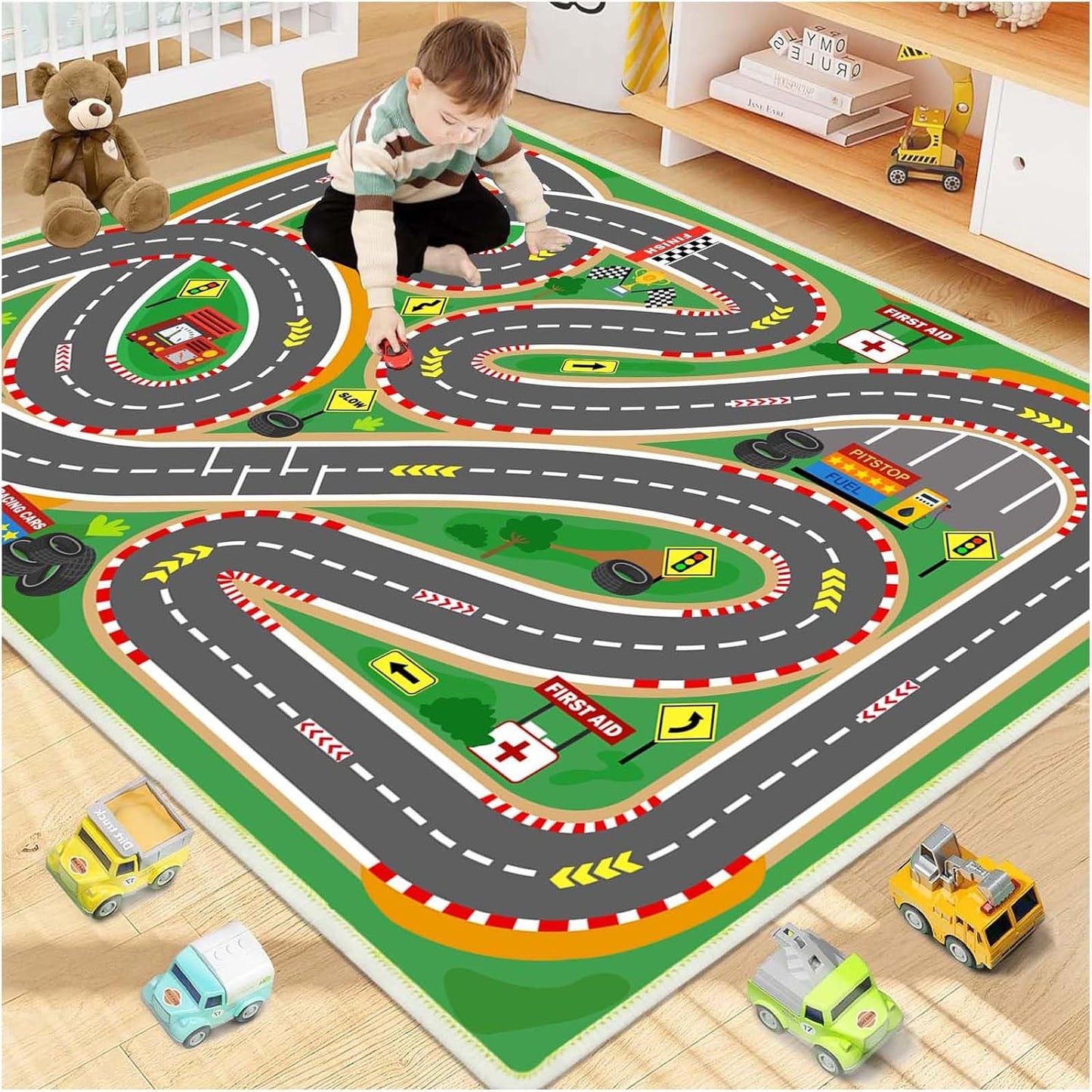 Kids Rug Race Track Play mat Playroom Rug Car Rugs for Kids Toy Cars Road Rugs for Kid Classroom (Race-Green, 2.6x3.9ft)
