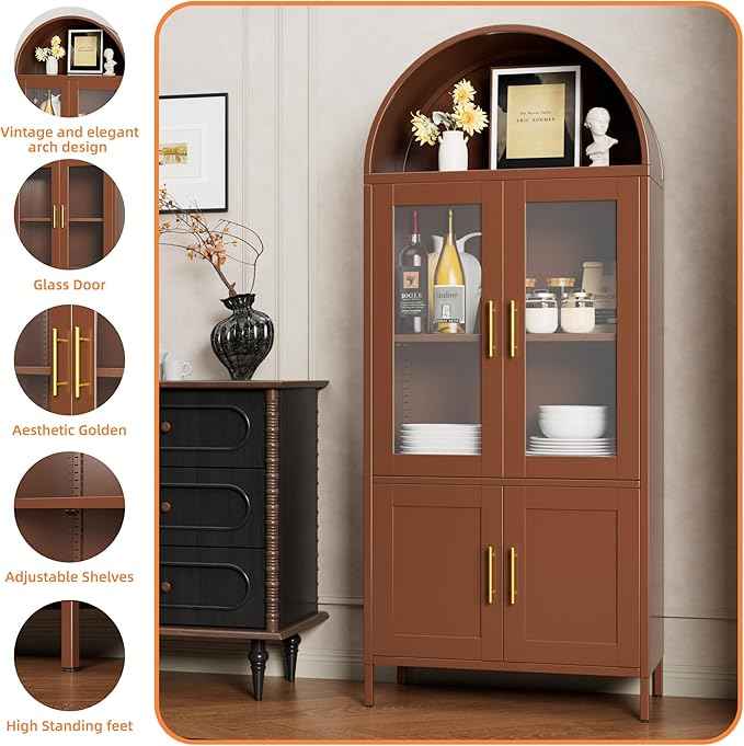 Metal Arched Bookcase Cabinet with 4 Doors,Arched Kitchen Pantry Cabinet for Home Office Living Room,Required Assembly,Brown