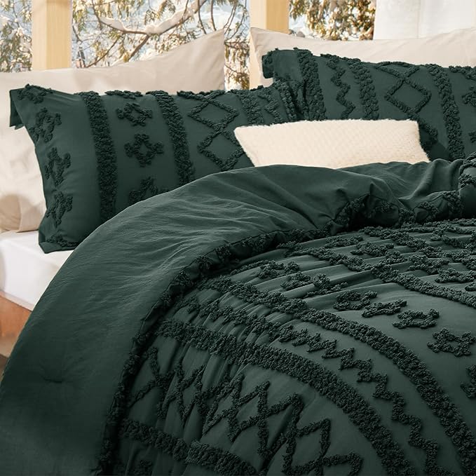 Bedsure Tufted Boho Comforter Set Twin Size - Dark Green Boho Bed Set, GentleSoft™ 2 Pieces Farmhouse Shabby Chic Embroidery Bedding, Gifts for Woman, Soft Jacquard Twin Comforter for All Seasons