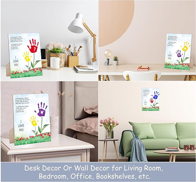 Family Handprint Kit, Flower Handprint Keepsake Wooden Sign with Stand and Hook - 9x12 Inch, Mothers Day DIY Crafts, Birthday Mother's Day Gift for Mom, Gifts for Grandma