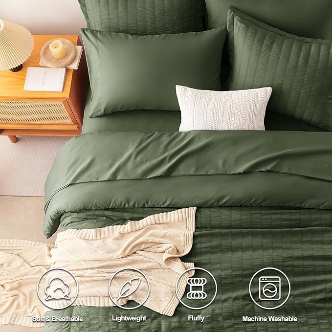CozyLux Oversized Queen Comforter Set Olive Green Seersucker 7 Pieces Bed in a Bag Queen Comforter Set with Sheets, Luxury Soft Bedding Set with Down Alternative Comforter, Sheets, Pillowcases & Shams