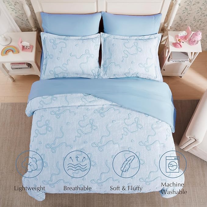 Geniospin Light Blue Full Comforter Set for Girls- 7 Pieces Bowknot Jacquard Bed in A Bag Full Bedding Sets with Sheets, Pillowcases & Shams, All Season Kids Comforter Set