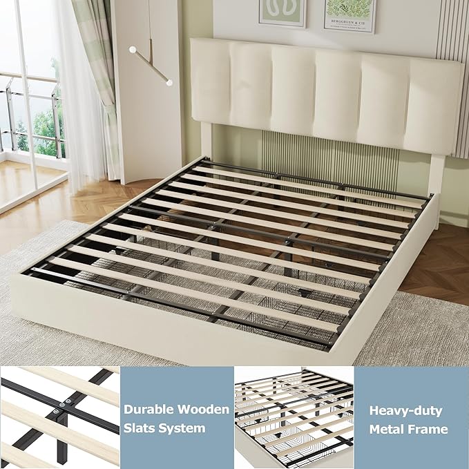 VECELO King Size Bed Frame with 4 Storage Drawers, Adjustable Height Headboard, Heavy-Duty Bedframe with Strong Wooden Slats, No Box Spring Needed, Pale Beige