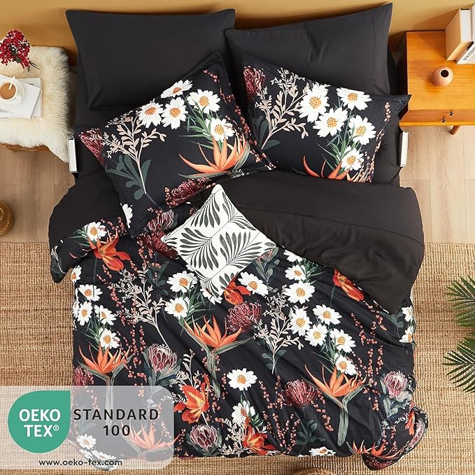 CASAAGUSTO Full Comforter Set, 7 PCS Black Shore Floral Comforter Set with Flowers Leaves Pattern, Soft Seersucker Design All Season Queen Size Bedding Set with Decor Pillow (80"X90")