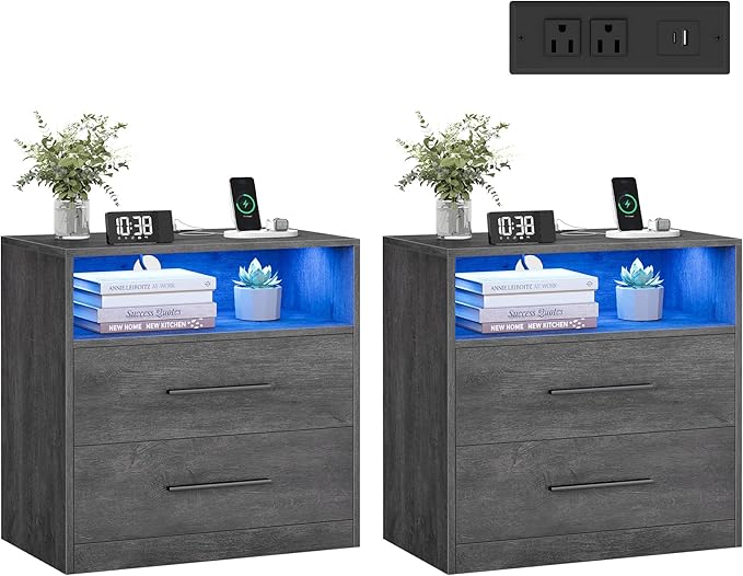 VASAGLE Custos Collection - Set of 2 Nightstands with Charging Station, LED Lights, Modern Night Stands, Side End Tables with Drawers, Open Shelf, 2 AC Outlets USB Ports, Misty Gray ULET639GW01S-2J