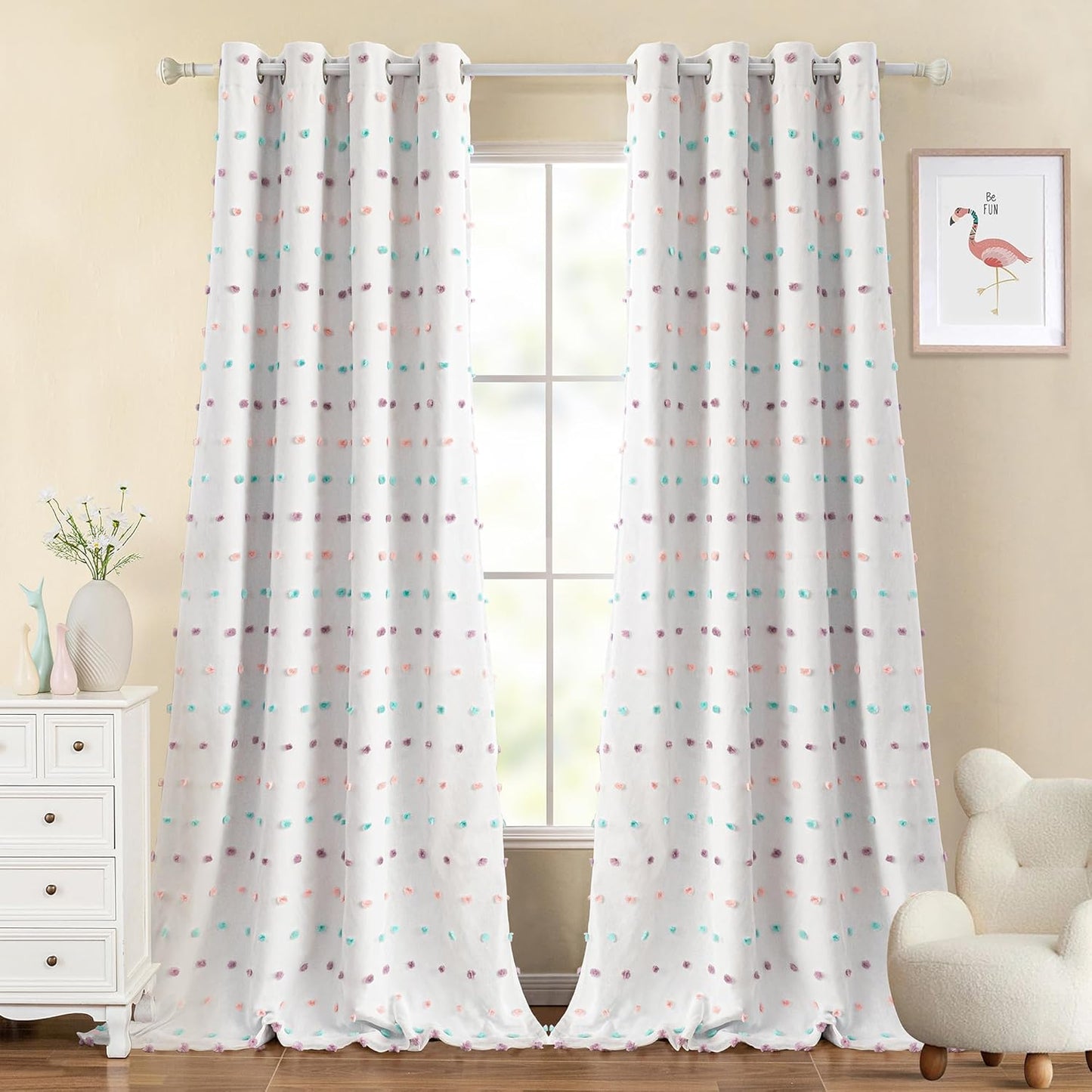 MYSKY HOME 100% Blackout Curtains for Living Room 108 Inch Long Total Light Blocking Curtains for Sliding Glass Door Privacy Protect Grommet 2 Layered Drapes Rainbow Pom Pom Sheer 52 Wide, 2 Pieces