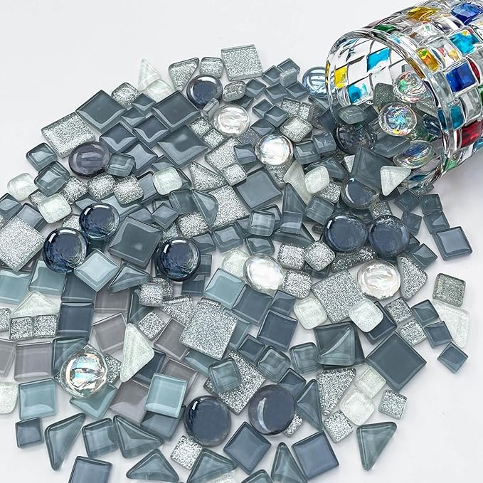 LITMIND 1.1 LB Gray Irregular Glass Mosaic Tiles with Backing, Assorted Mosaic Shapes for Creative Crafts – Ideal for Adult Mosaic Kits, Puzzles, and Artwork Projects