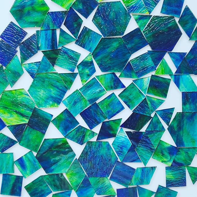 100pcs Stained Glass Mosaic Tiles - 1 Inch Each Side Dark Green & Blue Mixed Shapes (Triangle, Diamond, Square, Hexagon) for Crafts, Precut Glass Pieces, Mosaic Kits for Adults
