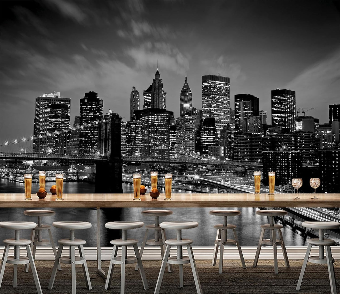 WFBHUA-Brooklyn Bridge Wall Mural Black New York City Landscape Photo Wallpaper for Living Room Bedroom(Not Peel and Stick)